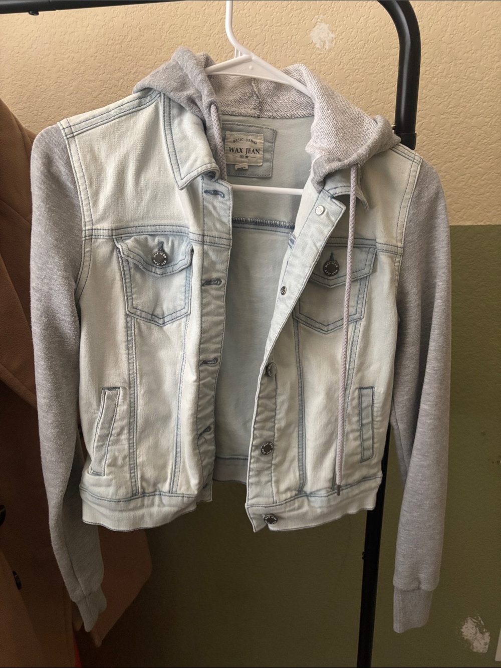 Wax Jean Light Wash Denim Jacket with Gray Hoodie Sleeves